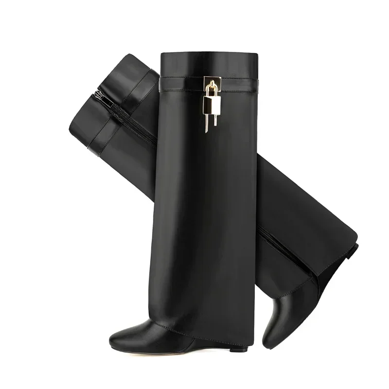 2024 European and American Fashion Women\'s Knee Long Boots Thick Sole High Heel Side Zipper Slope Heel 45 Women\'s Long Boots