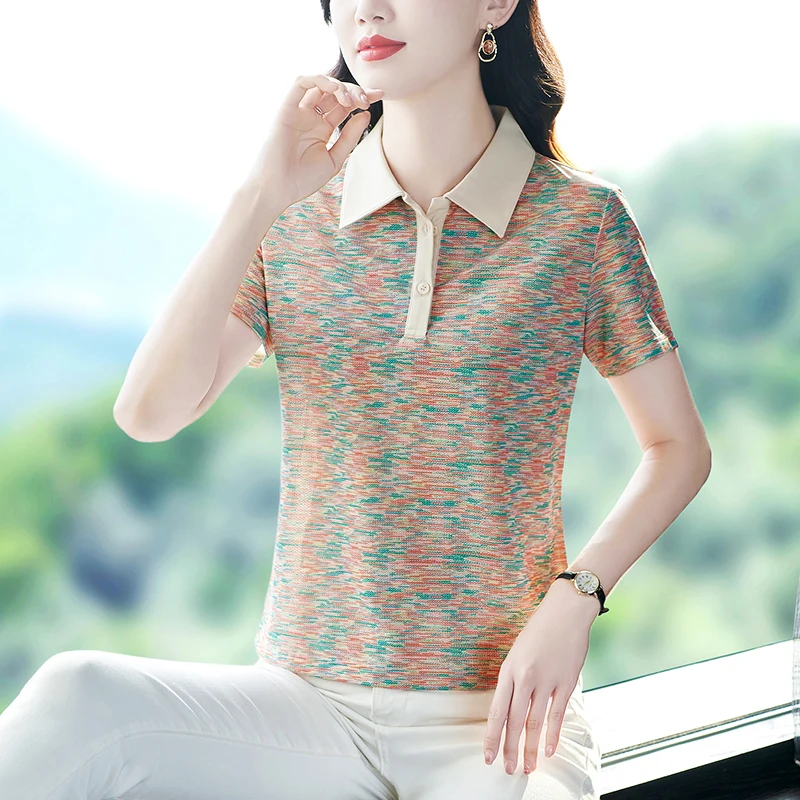 Summer Women\'s Floral Polo Shirt Golf T-shirt Clothes 2024 Tops Clothing Trend Woman Striped Pulovers Tees Printed stand collar