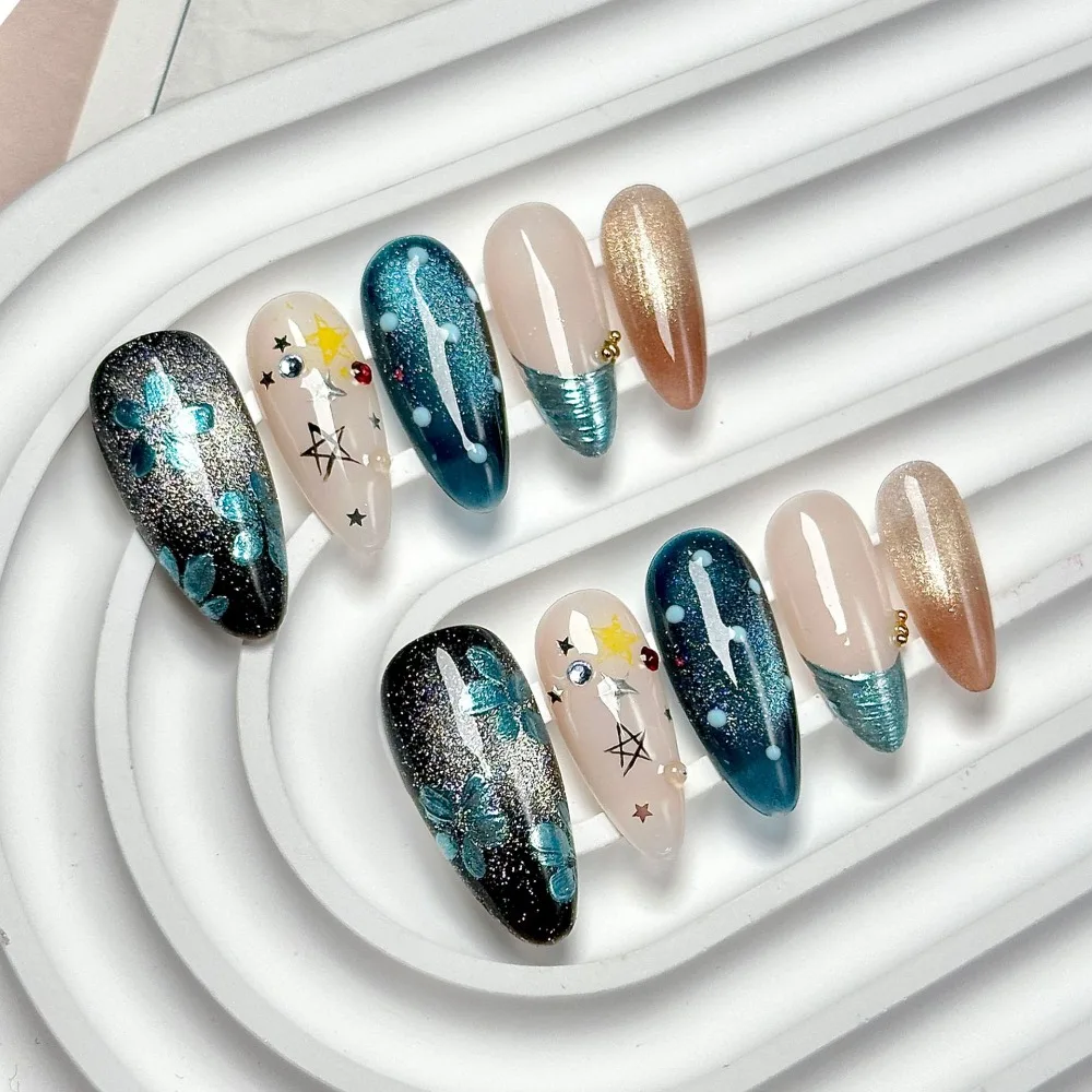 10 Pieces Fantasy Galaxy Sparkling Handmade Press On Nails Velvet Blue Flower French Fake Nails Art Removable and Reusable