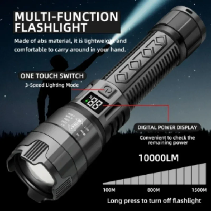 Ultra Bright LED Flashlight 3000LM Type-C Rechargeable Long Range Zoom Tactical Torch Outdoor Emergency Camping Fishing Lantern