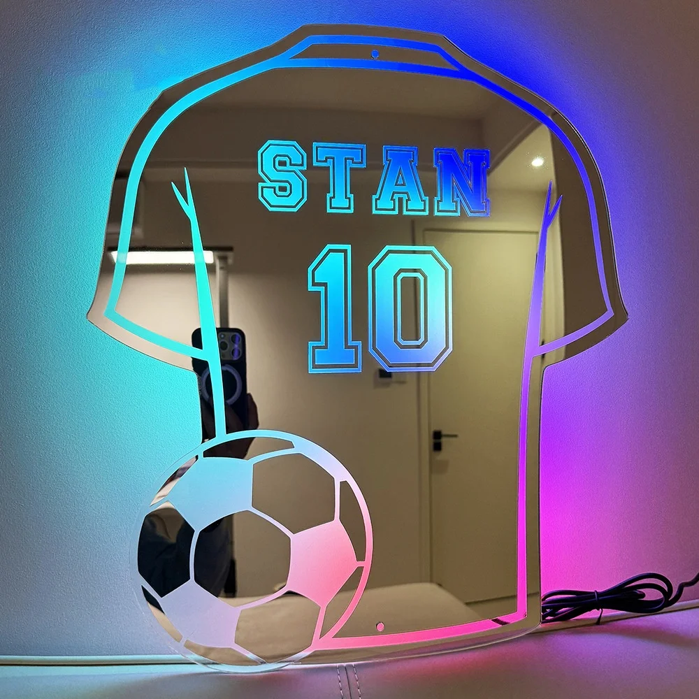 Customized Football Jersey Mirror Light Personalized Jersey Name Uniform Number LED Wall Mirror Bedroom Decoration Boy Man Gifts