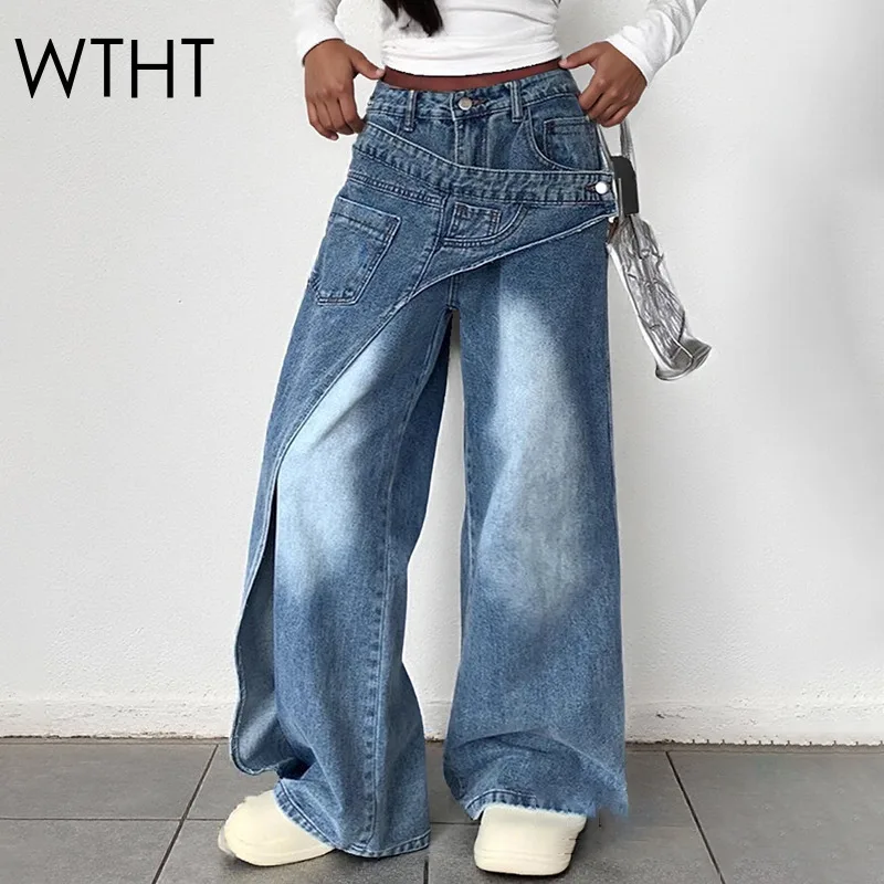 

WTHT модные женские Y2K нерегулярные сращенные широкие джинсы 202, зимние прямые джинсовые брюки с высокой талией, женские 1LS2629