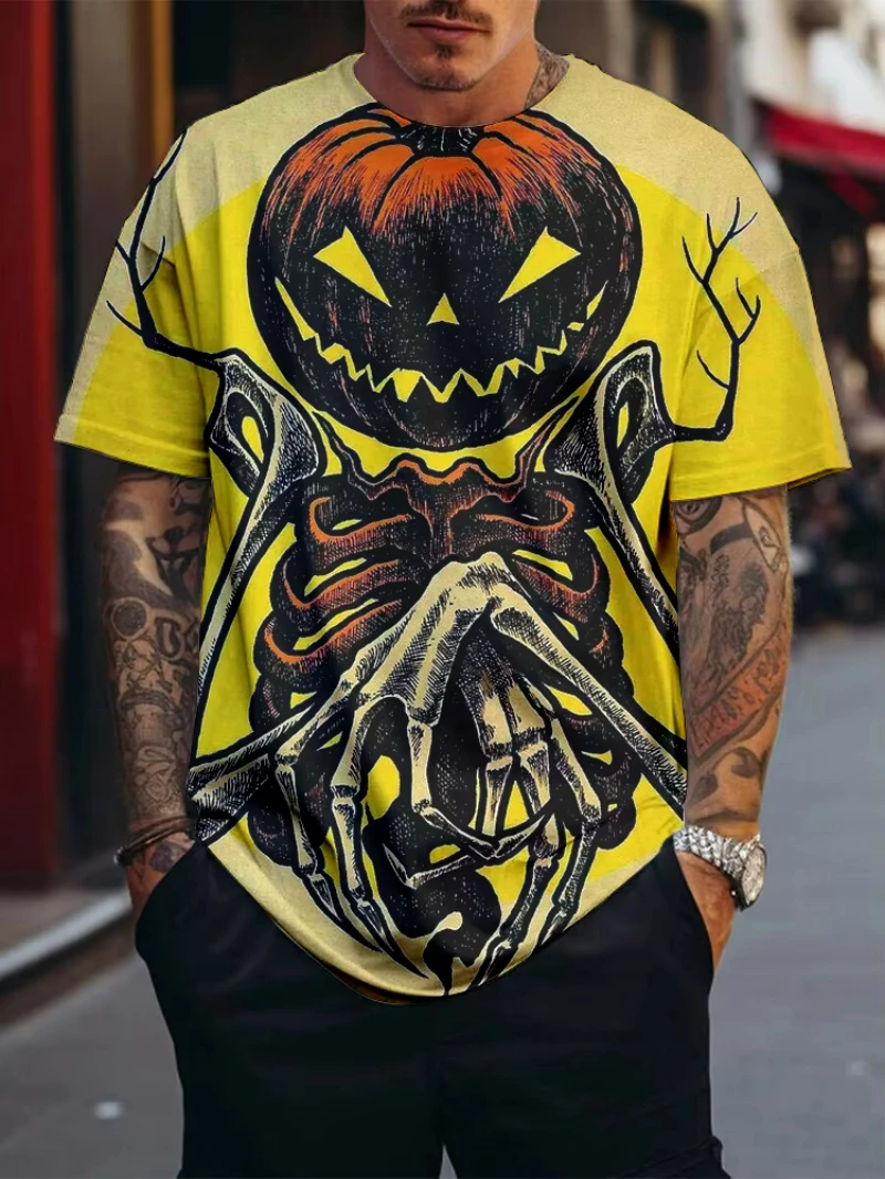 2024 New Halloween Men's Abstract Style Short Sleeve 3D Printed Skull Pumpkin Head T-Shirt Fashion Street Men's Clothing