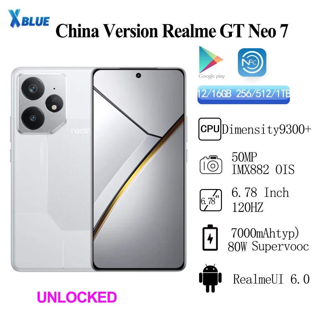 شبكة Realme GT Neo 7 Simcard أبعاد غير مقفلة 9300+ 80 وات بطارية Supervooc كاميرا 7000 مللي أمبير في الساعة 50 ميجابكسل IMX882 6.78 بوصة IP69 NFC OTA