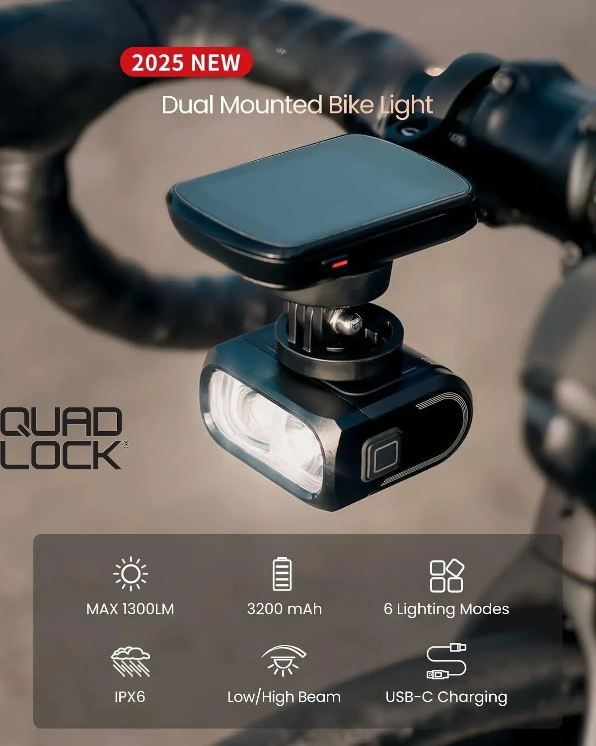 

QUAD LOCK 1300 Dual Mounted Bike Light,Cut-off Line Beam Bicycle Light For Road,Commuting,Compatible With G Computer