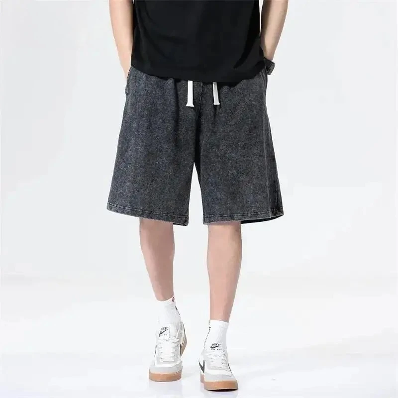 Men's Cotton Short Washed Black Grey Distressed Snowwashed Casual Shorts Loose Fit Elastic Waist Knee Length Pants