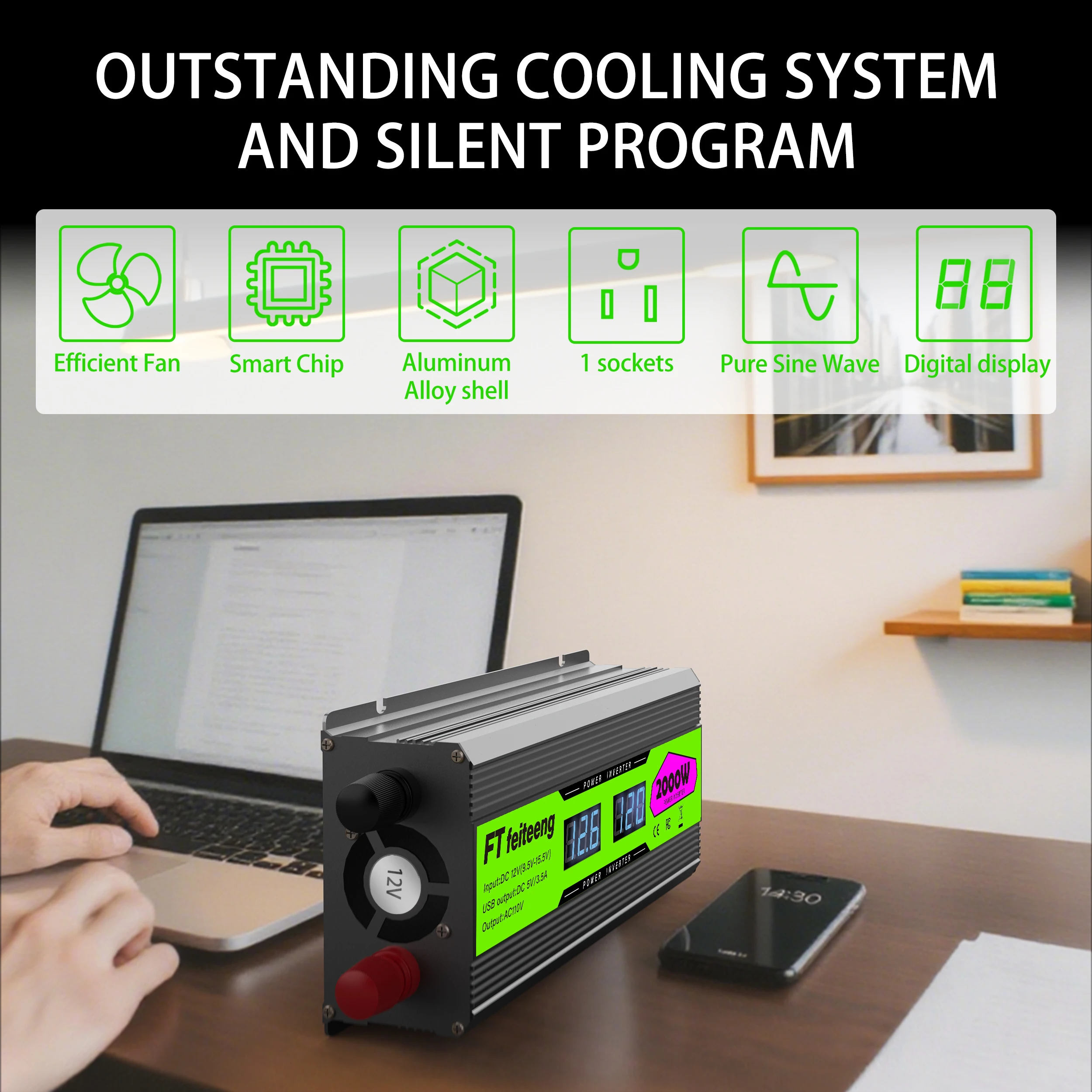 2000W/1000W/500W Power Inverter 12V to 110V with Dual AC Outlets Fast USB for RV Solar Off Grid Camping Emergency