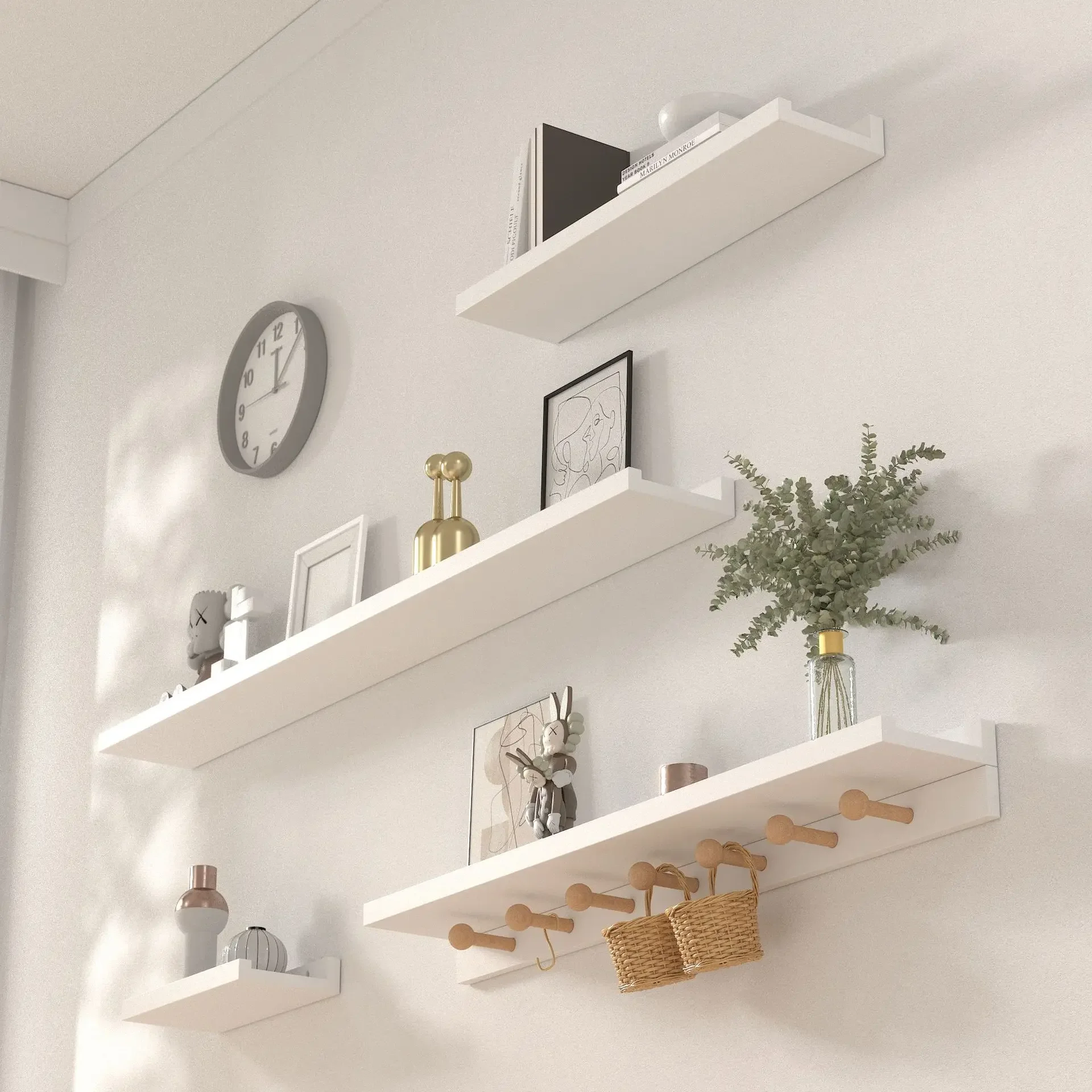 Wall rack with mushroom row hook Nordic simple wall hanging solid wood one-word board perforated shelf factory direct sales