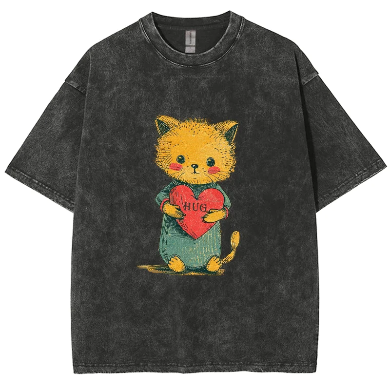 

Cute Style Orange Cat Print Washed Denim Women's T-Shirt Cotton Oversized Half-Sleeved Girly Casual Home Top Basic Tee