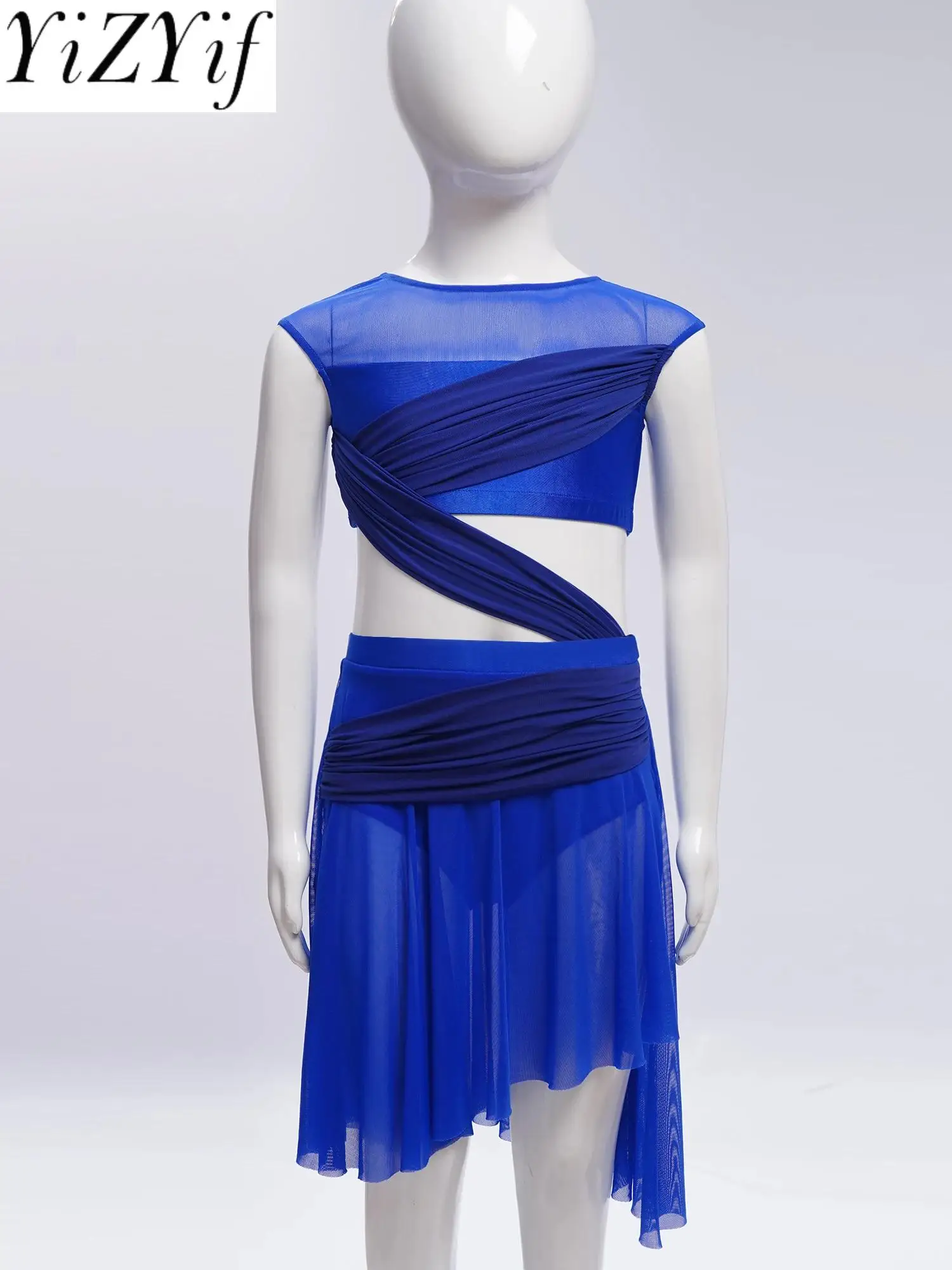

Kids Girls Sheer Mesh Modern Lyrical Dance Dresses Sleeveless Lightweight P Asymmetrical Stylish Cutout Modern Dress Dancewear