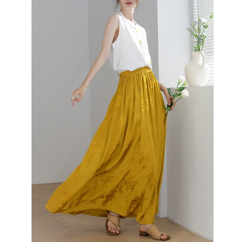 National Style 2025 New Arrival Summer Women Casual Loose High Waist A-line Ankle-length Skirt Good Quality Jacquard Skirts T113