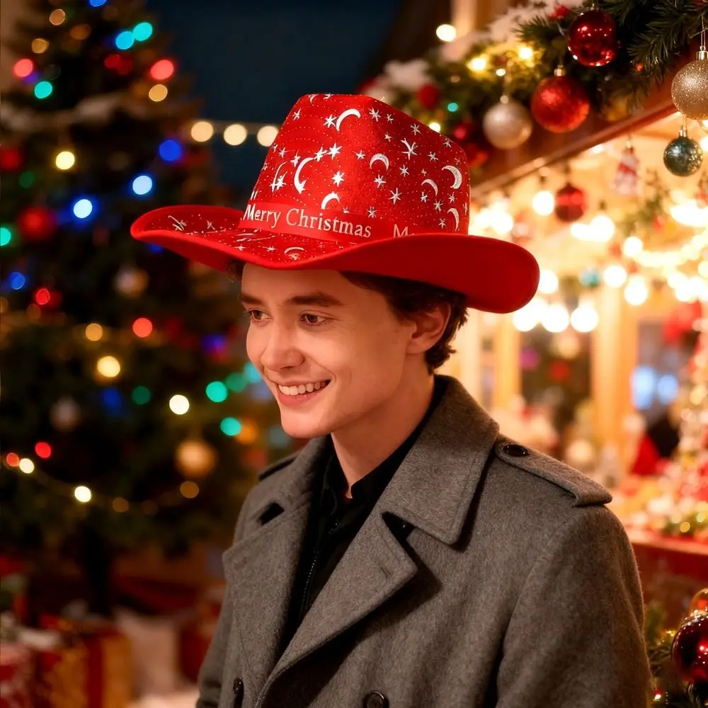 Simple Sequins Christmas Cowboy Hat Snowflake Felt Jazz Hat Large Plaid Santa Claus Hat Women