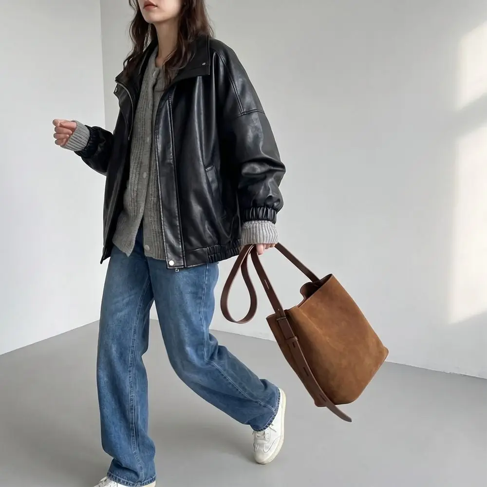 

Simple Large Capacity Suede Bucket Bag Solid Color Fashion Underarm Bag Korean Style Handbag Leopard Print Shoulder Bag Holiday