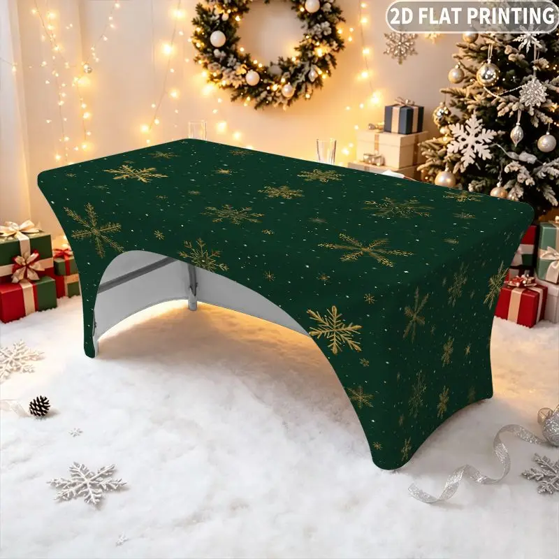 1pc Rectangular Full-Coverage Notched Gold Snowflakes On Dark Green Stretch Tablecloth, with Arched Back, Ideal as Home Decor