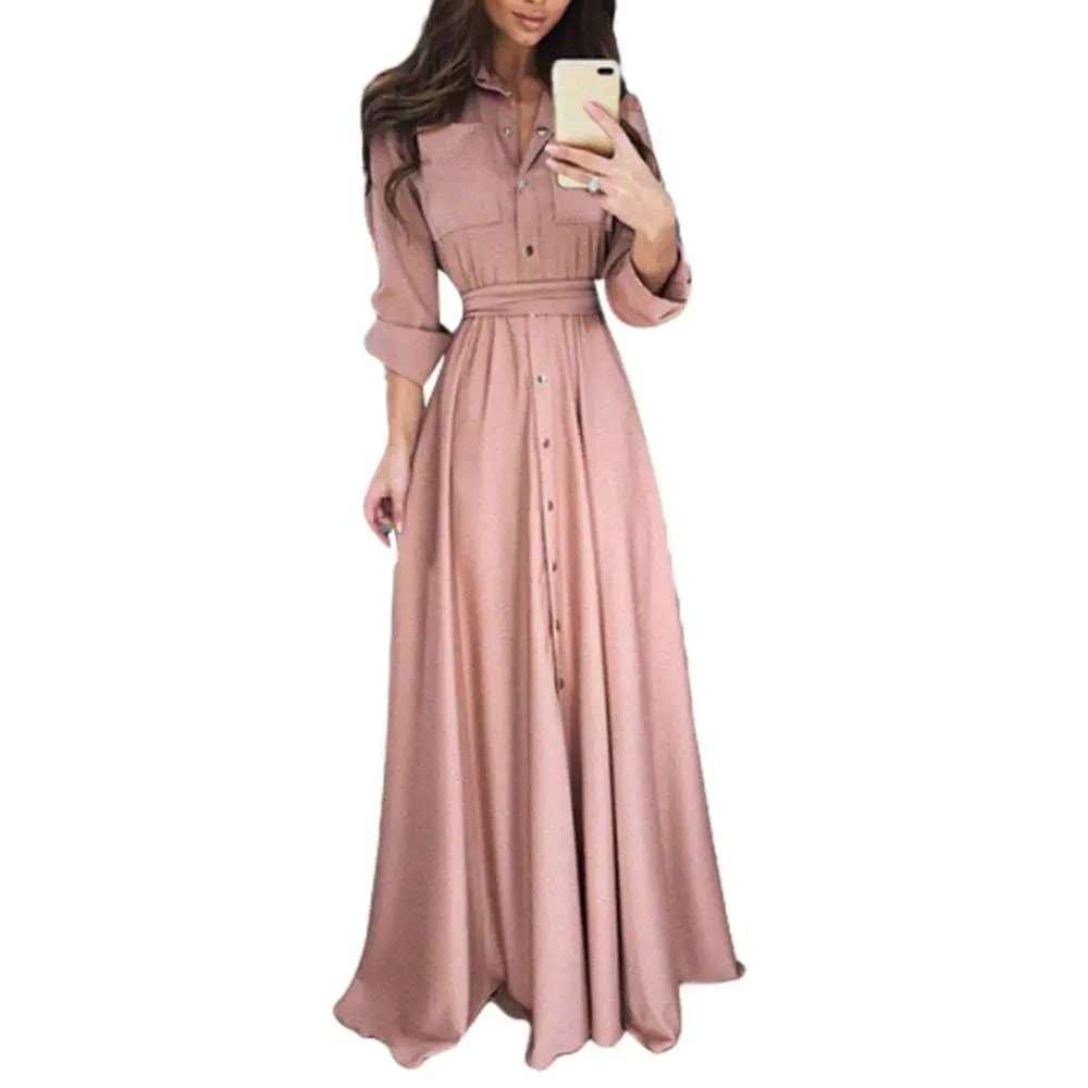 Autumn Winter Fashion Women's New Solid Color Long-sleeved Lapel Button All-match Long Shirt Dress Party Office 2024