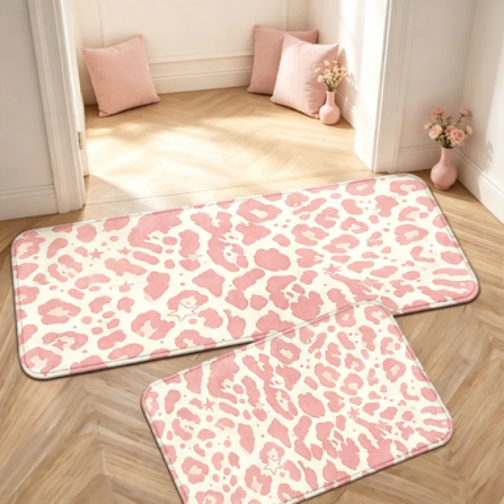 Pink Leopard Print Runner, Yellow Leopard Number 8 Door Mat, Navy Fish Line Mat, Ukiyo-e Garden Onsen Rug.