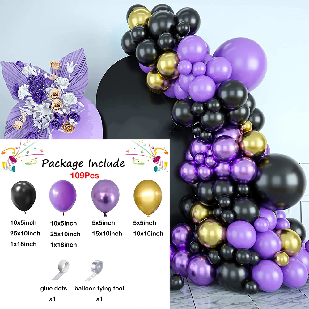 طقم قوس بالونات باللون الأسود الأرجواني، بالونات معدنية ذهبية أرجوانية لحفلات الزفاف والذكرى السنوية وحفلات أعياد الميلاد #2
