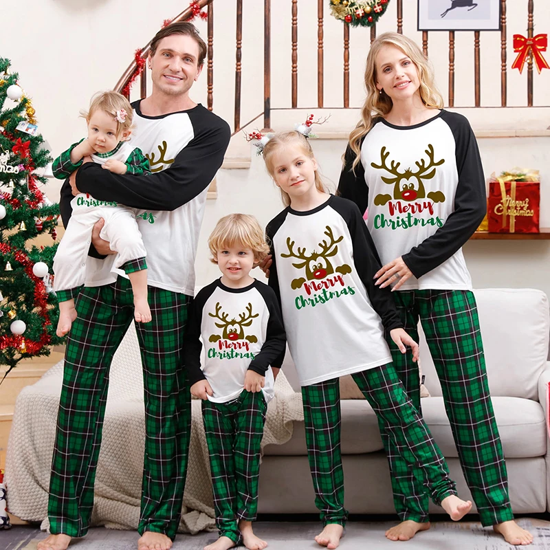 

Christmas Family Pajamas Matching Set Short Sleeve Reindeer Print Top with Striped Bottoms Sleepwear Loungewear for Xmas