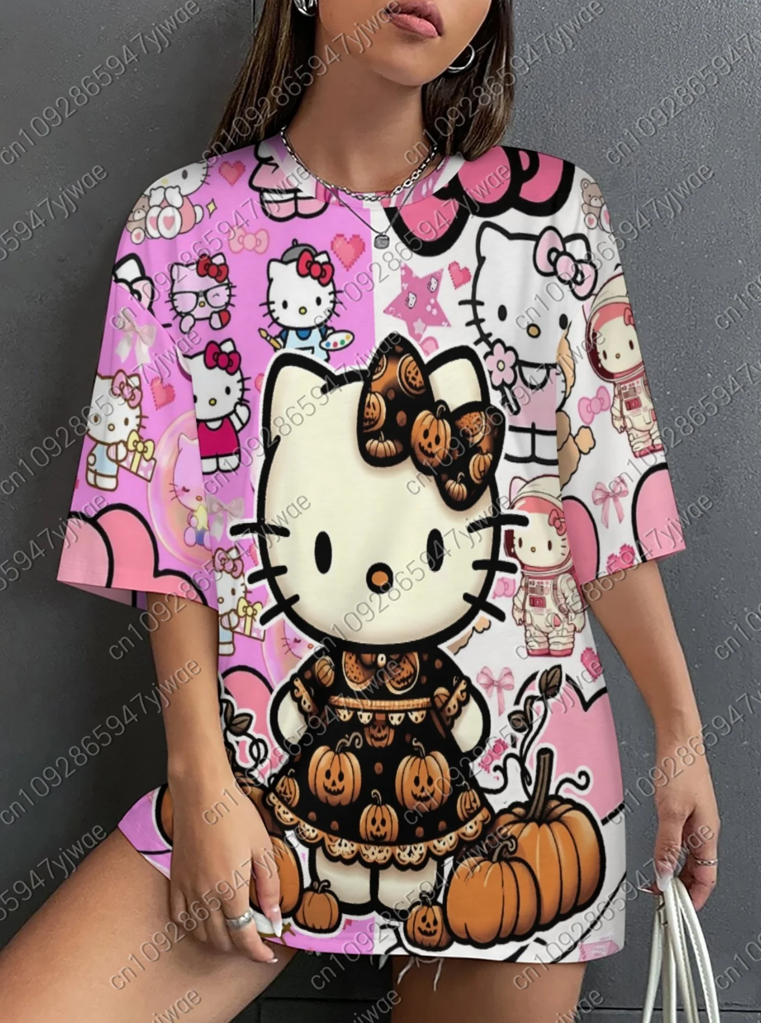 

Летняя женская футболка с коротким рукавом и круглым вырезом с 3D принтом тыквы Китти на Хэллоуин, женская повседневная спортивная футболка больших размеров