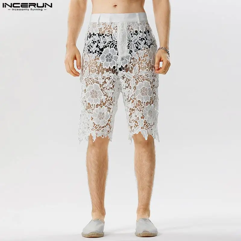 Stylish Well Fitting Men\'s Shorts INCERUN Lace Printed Hollow Design Shorts Casual Party Show Sexy See-through Mesh Shorts S-5XL