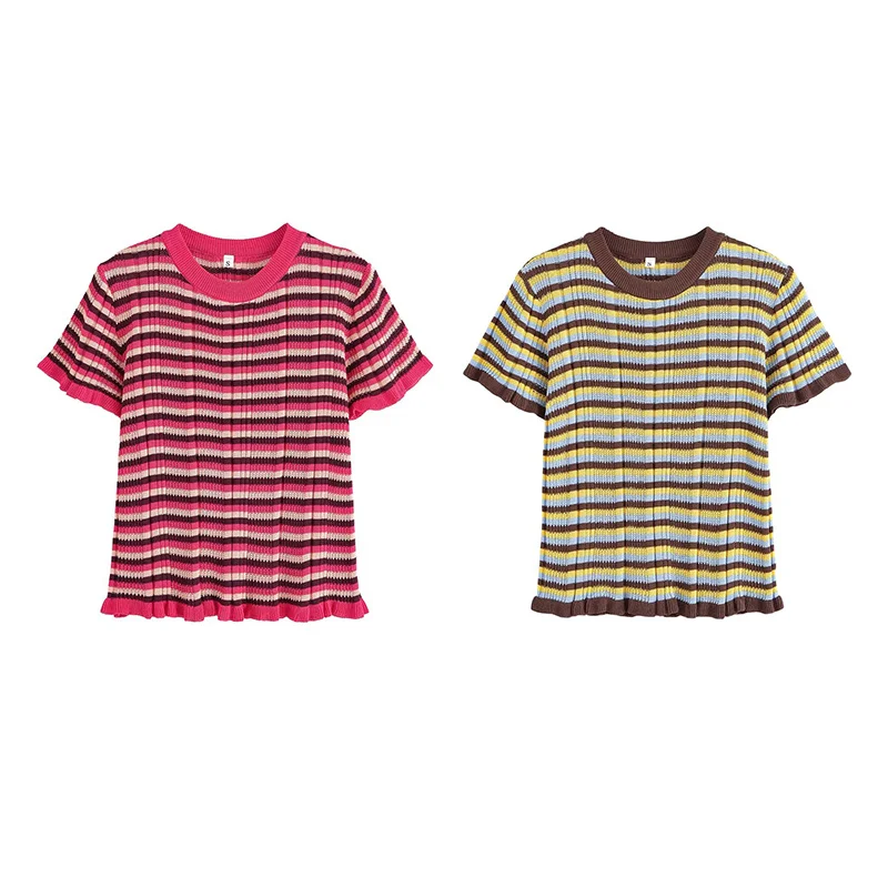 

Women's Tops New Summer 2025 Color-block Layered Striped Short Sleeve T-Shirt Slim and stylish Personality is versatile