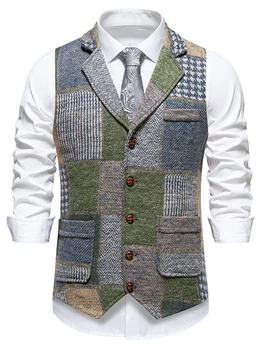 Green Men Vest Tweed Plaid Waistcoat Slim Fit Lapel Plaid Suit Vest Herringbone Vintage Vest For Wedding Groomsmen 6