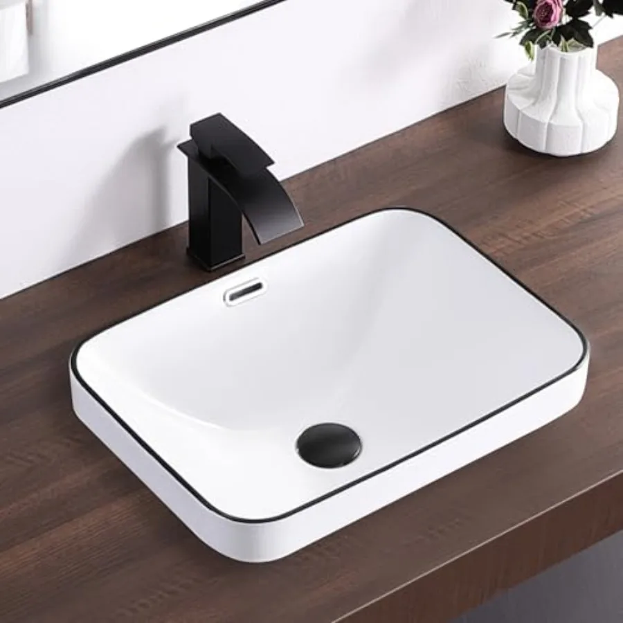 

Раковина для ванной комнаты 18.2'' x 13.3'', полувстраиваемая, прямоугольная, встраиваемая в столешницу, с переливом, белая с черным