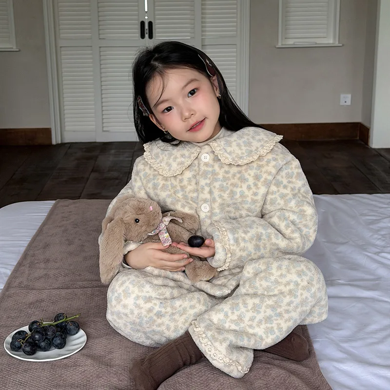 Girls Korean Gentle and Cute House Pajamas Floral Doll Lace Collar Plush Loungewear Set Casual Comfortable Baby
