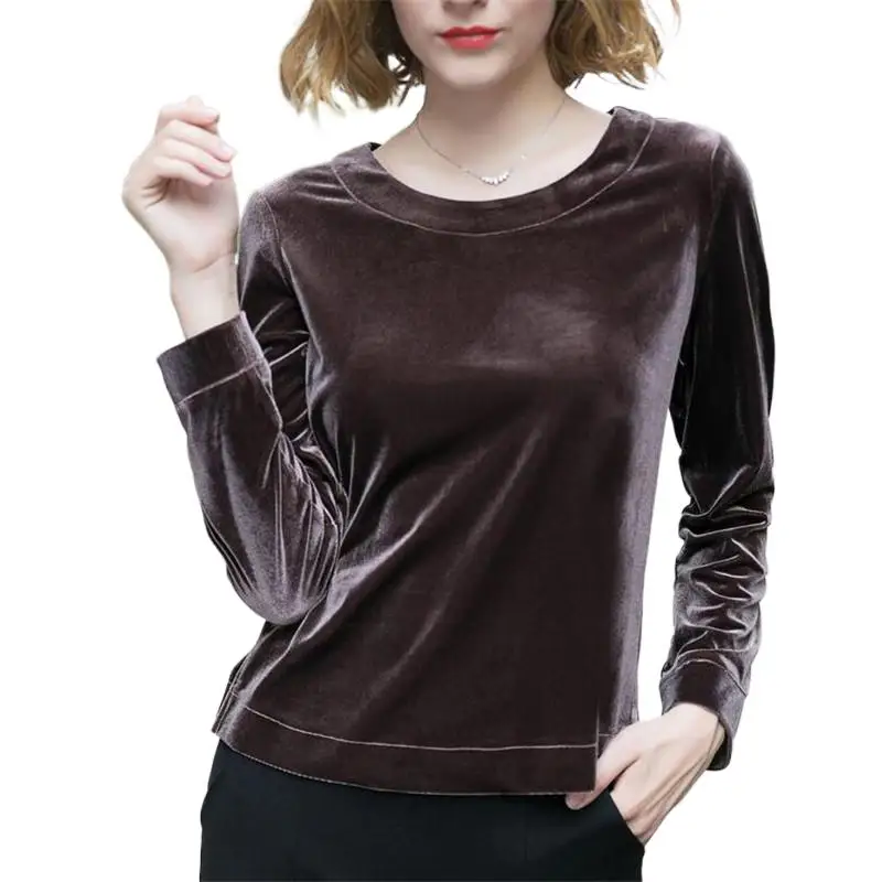 Women Full Sleeves Gold Velvet Tops Fashion 2024 Spring Autunm Casual O-neck Top Slim Loose Velour Shirt Female Pullovers