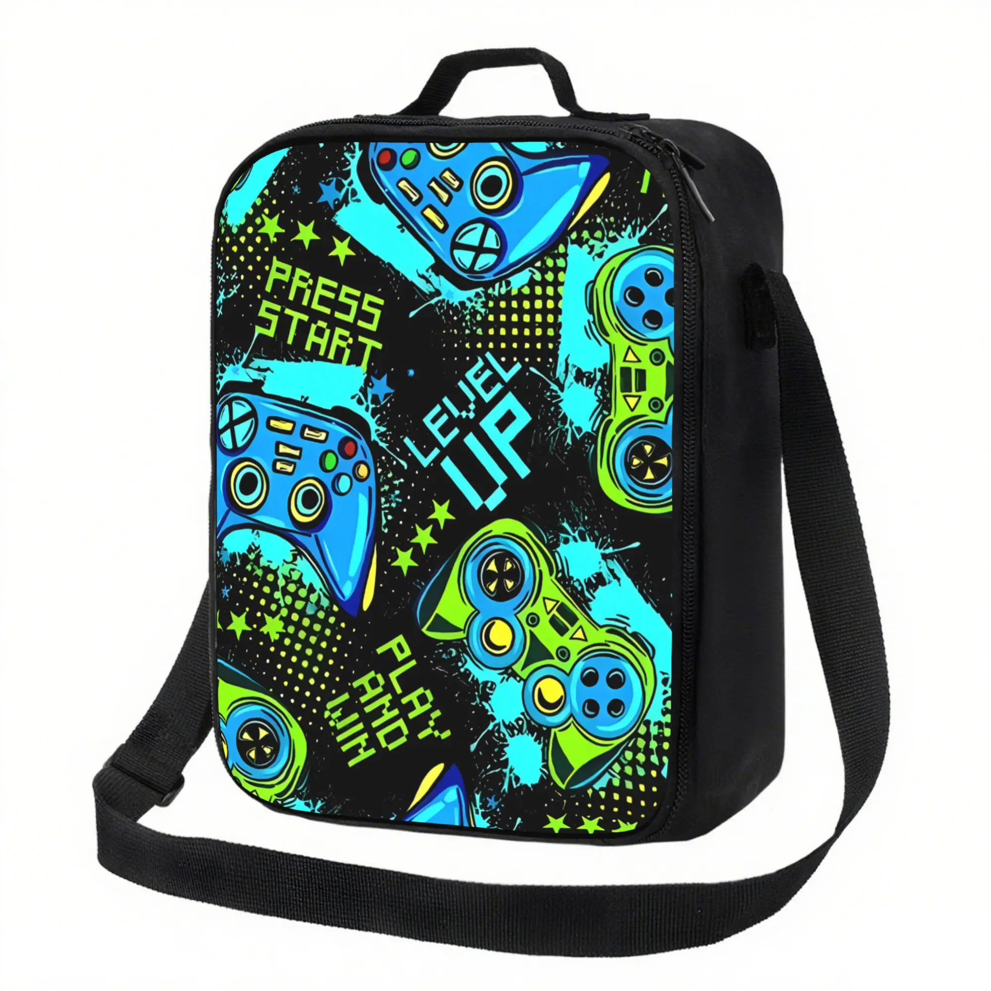 Gaming Backpack - Retro Video Game Controller design with Neon Green Blue Accents, Non-Food Contact Bag