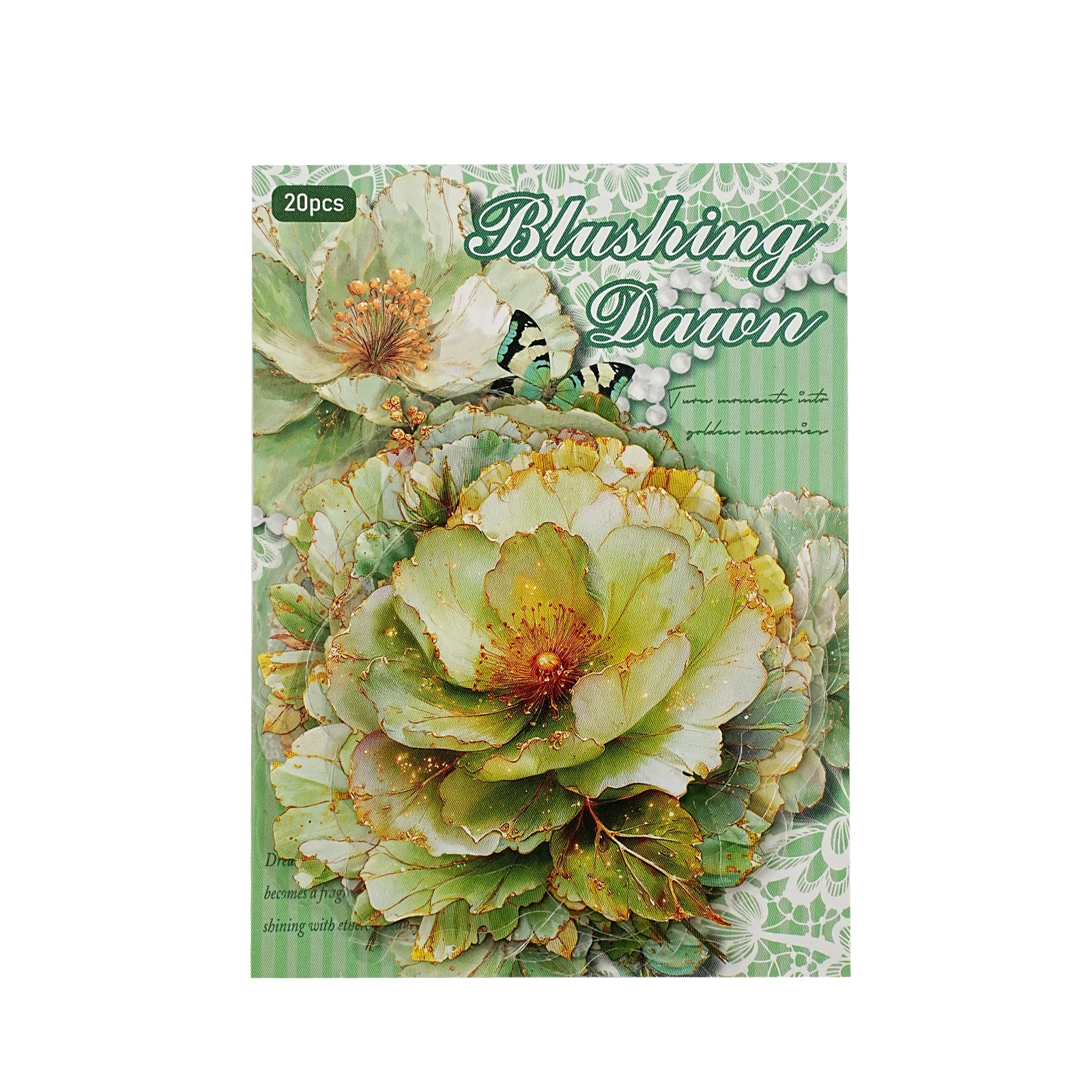 Etori Life Forest Tranquility 20 pièces Autocollants floraux en céladon glacé à motif de pivoine peints à l'or pour carnets, autocollants pour téléphone, bagages, sacs cadeaux pour enfants,