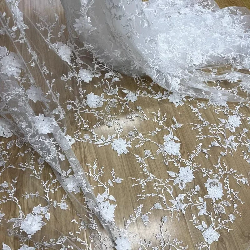 Delicate Transparent Mesh Lace Fabric With Pearl Flower Applique Soft Sheer Textile Wedding Dress Stage Outfit Creative Design