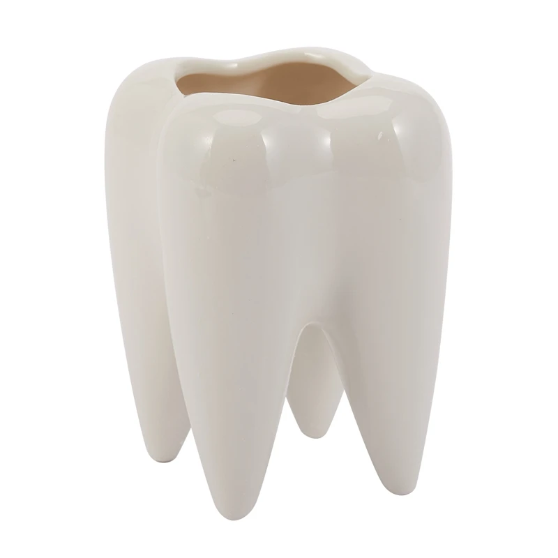 

Tooth Shape White Ceramic Flower Pot Modern Design Planter Teeth Model Mini Desktop Pot Creative Gift(Without Plants)