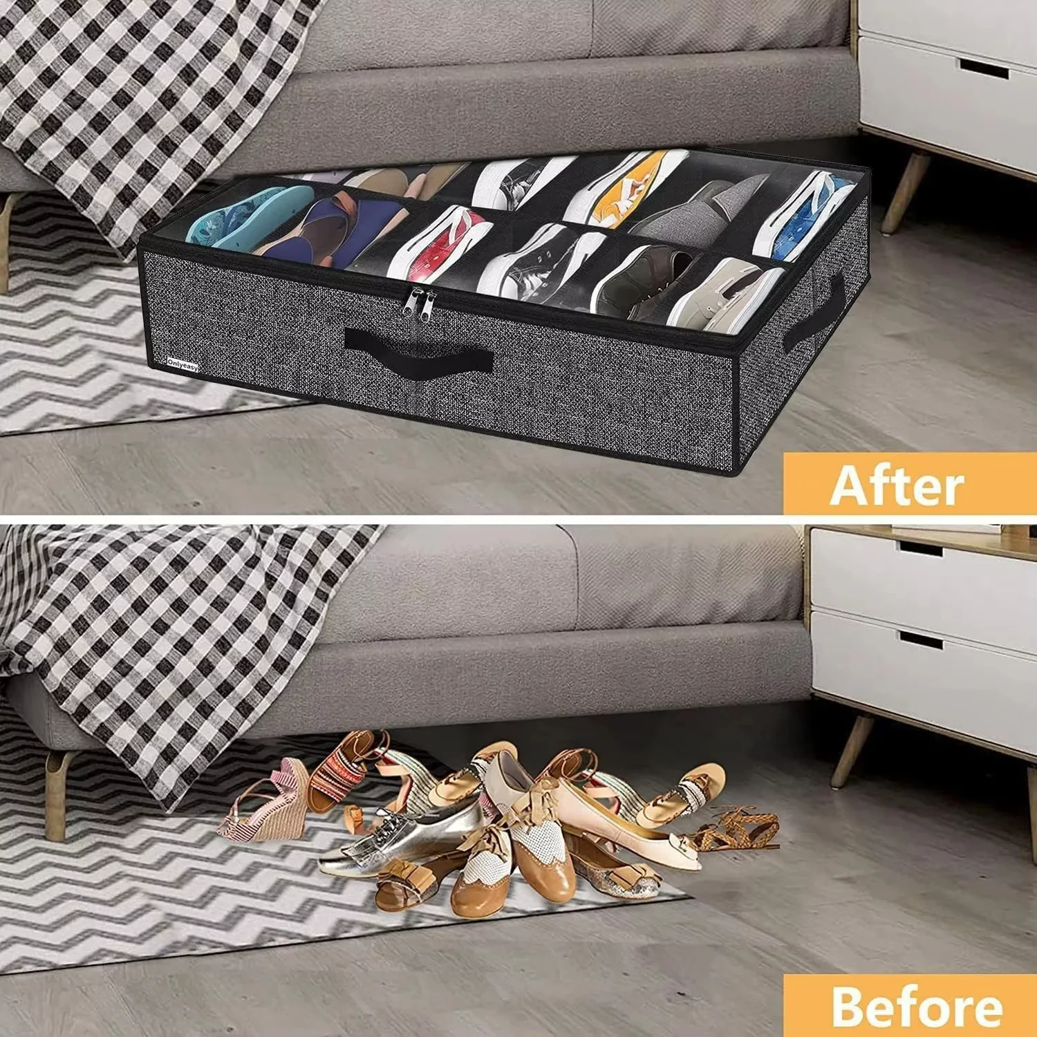 1 Piece Under Bed Shoe Storage Organizer can accommodate 12 to 16 pairs of shoes with transparent window breathable foldable