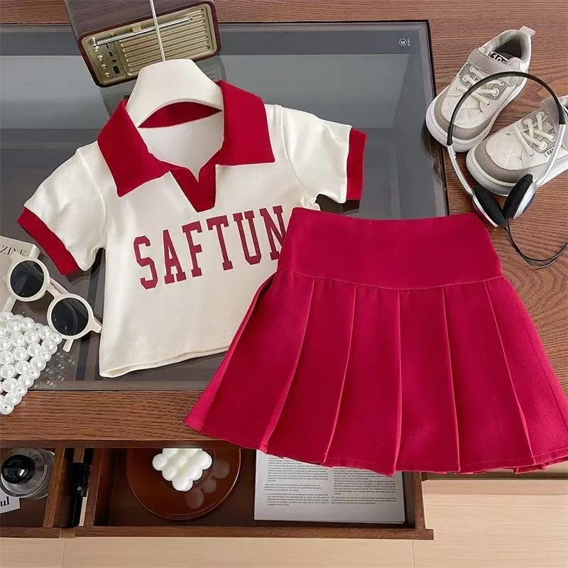 

Girls' set new children's summer short sleeved T-shirt+pleated skirt two-piece set college