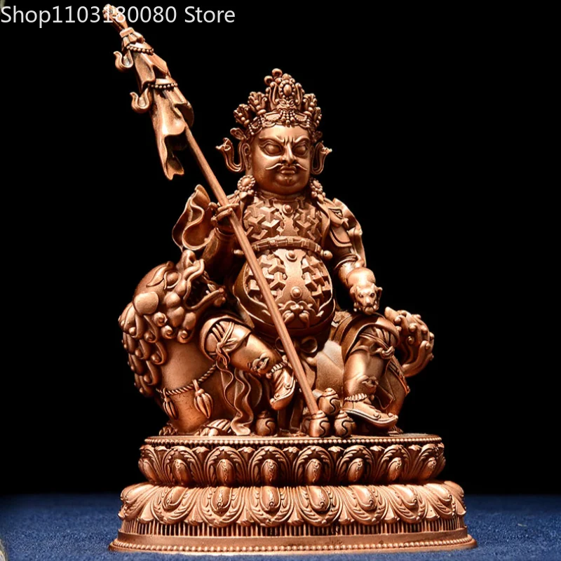 Exquisite Red Copper carving Vaishravana buddha statue Tibet buddhism Lion Zambala small sculpture 10cm