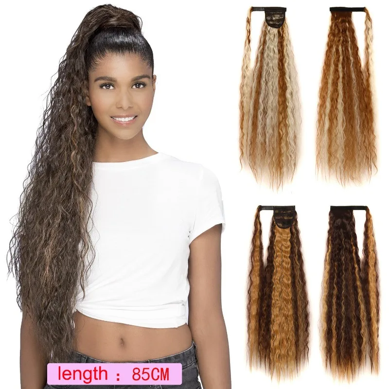 Femme perruque quotidienne Velcro maïs Perm longue queue de cheval Festival de musique vêtements Match moelleux haute queue de cheval fête chapeaux longs cheveux bouclés