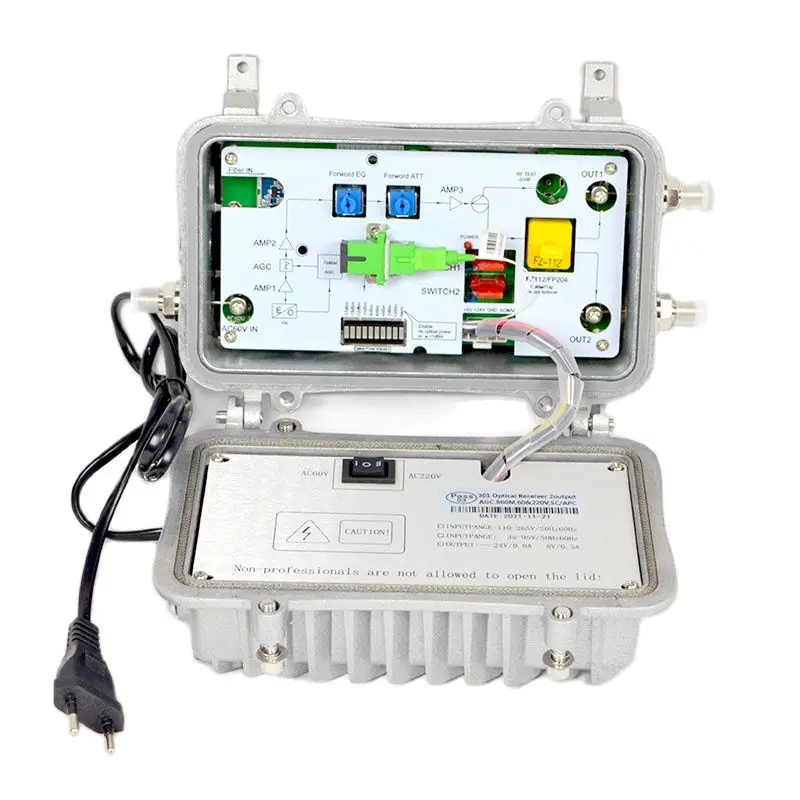 FTTB CATV Zewnętrzny wodoodporny odbiornik optyczny AGC Sprzęt transmisyjny Dwa wyjścia Cyfrowy sygnał analogowy Bardzo niski odbior