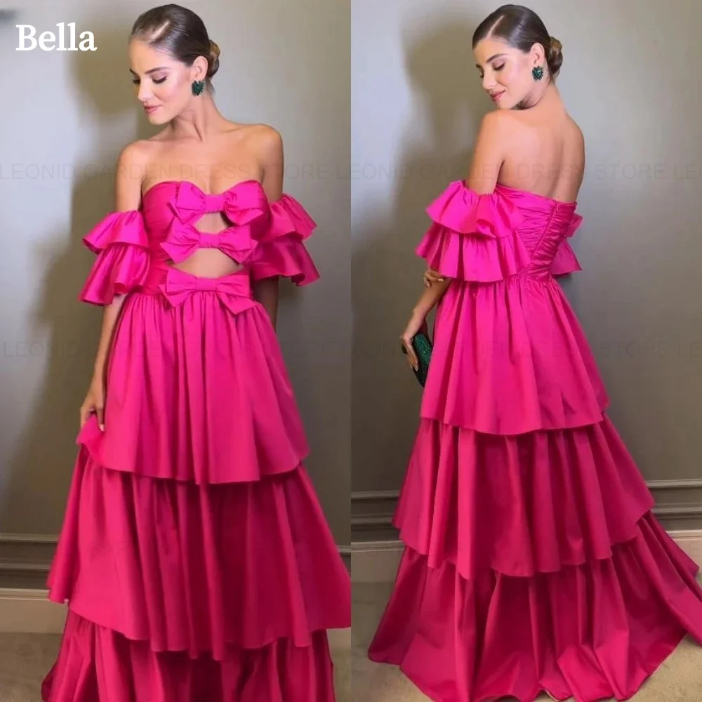 

Bella Fuchsia Off the Shoulder Satin Dresses Puffy Sleeves Tiered Ruffle Party Dress Elegant Floor-length Vestidos De Fiesta