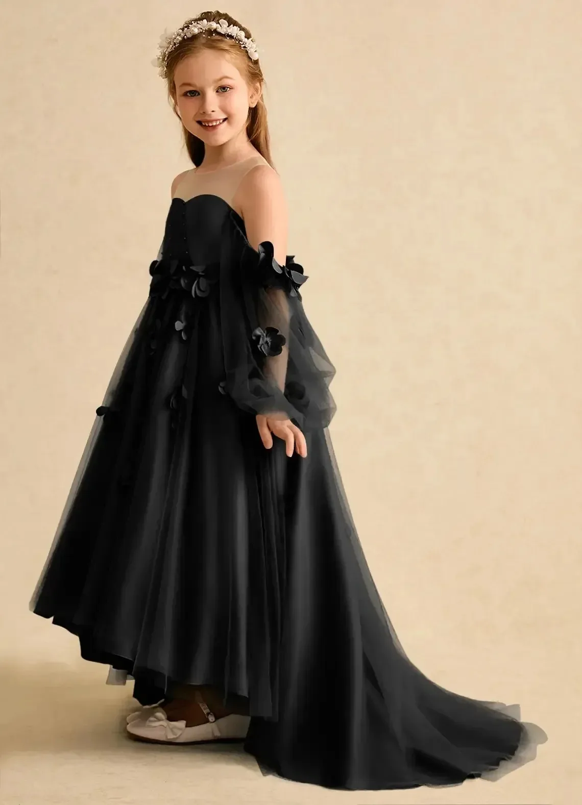 Bohemian children's flower girl dress, off-shoulder tulle princess dress, elegant tail dress, performance catwalk banquet dress