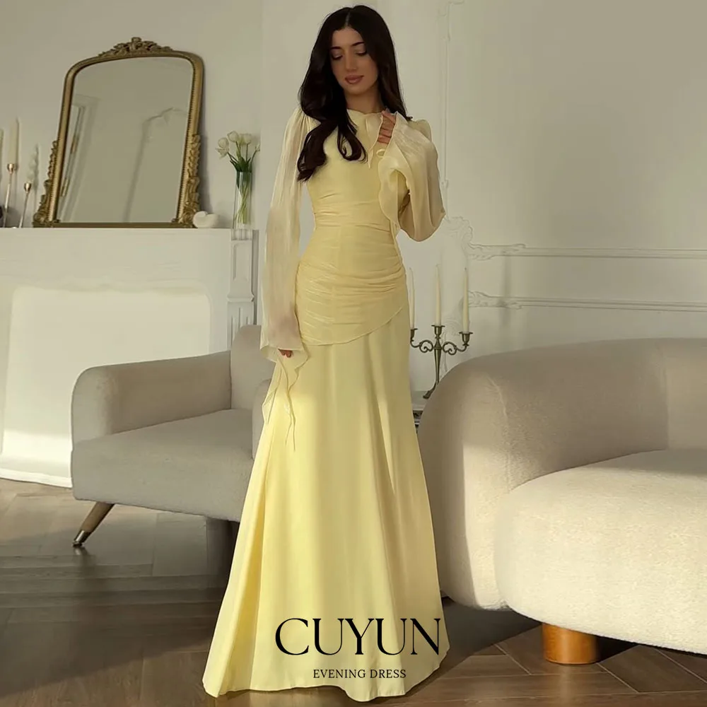 

CUYUN Yellow Elegant Evening Dresses O-Neck Long Sleeves Semi-Formal Party Prom Gown Customized Women Wedding Party Dresses