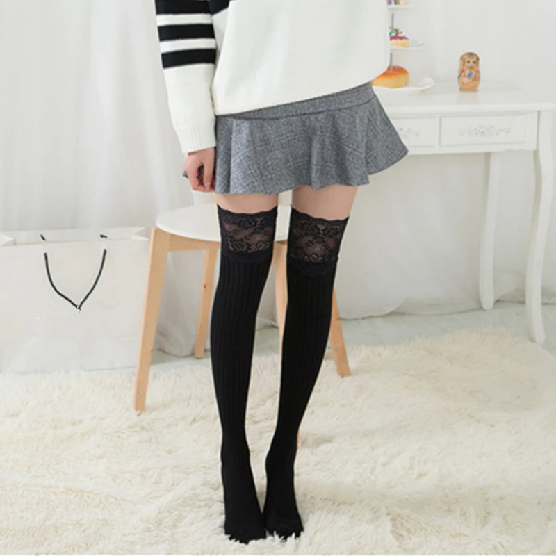 Sexy Over Knee Thigh High Socks Women Lace Flower Long Socks Over The Knee Stockings For Ladies Girls Warm Knee Socks Calcetines