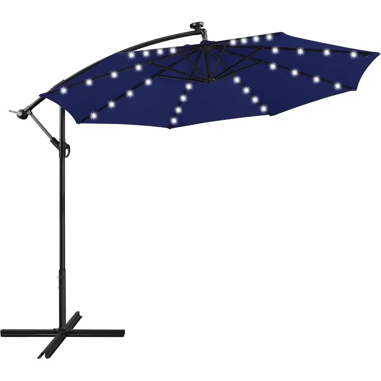 10FT Solar Offset Umbrella with 32 LED Lights Cantilever Hanging Outdoor Umbrellas Handy Crank & Cross Base for Lawn/Deck