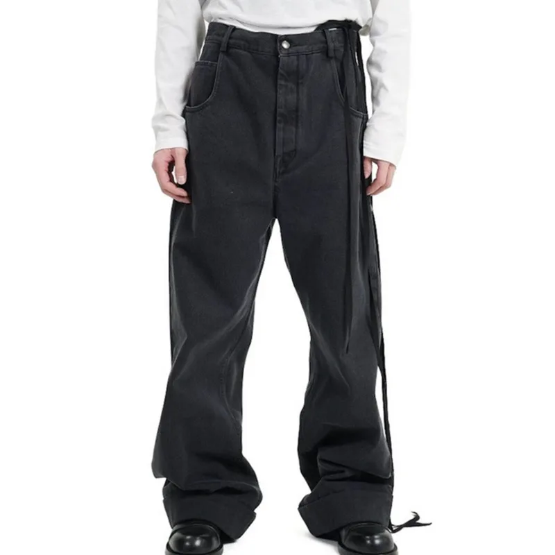 HKSH Spring Summer Men Tide High Street Straight Stacked Retro Jeans Belt Design Washed Distressed Casual Ins Denim Pants HK7382