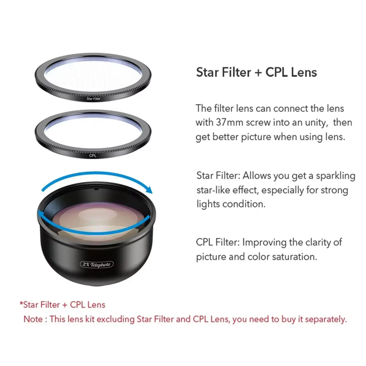 2X Teleconverter Portrait Lens HD Camera Phone Lens Kit Portrait Lens for All Smartphones External Mobile Phone Lens