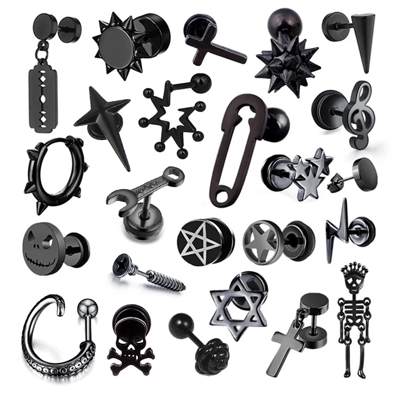 1 Pair Multi-style Black Gothic Stud Earrings For Men Women Stainless Steel Creative Funny Hip hop Cool Ear Jewelry