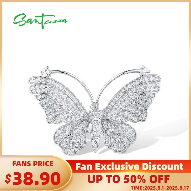 

SANTUZZA Pure 925 Silver Brooch For Women Sparkling White Cubic Zirconia Lovely Butterfly Luxurious Wedding Gifts Fine Jewelry