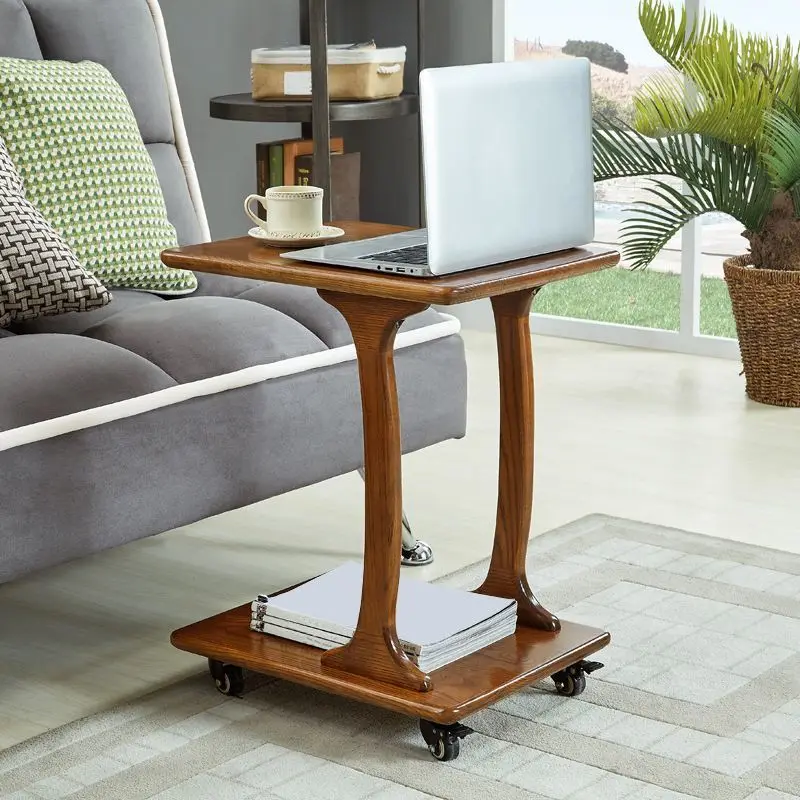 

Customizable Solid Wood Living Room Sofa Side Table Movable Corner Table Balcony with Wheels Square