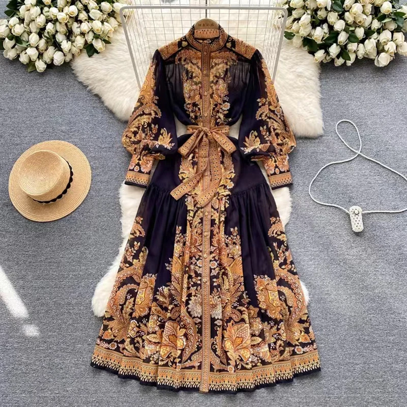 

2023 New Palace Vintage Printed Yellow/White Chiffon Dress Summer Elegant Long Dresses Women Single Breasted Shirt Vestidos