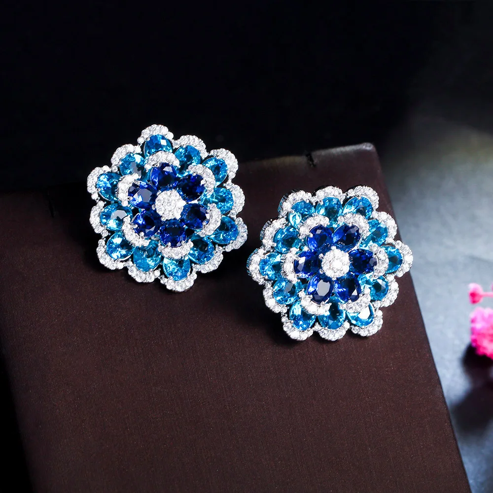 ThreeGraces Beautiful Blue CZ Zircon Silver Color  Big Flower Stud Earrings for Women Luxury Wedding Engagement Jewelry E1792